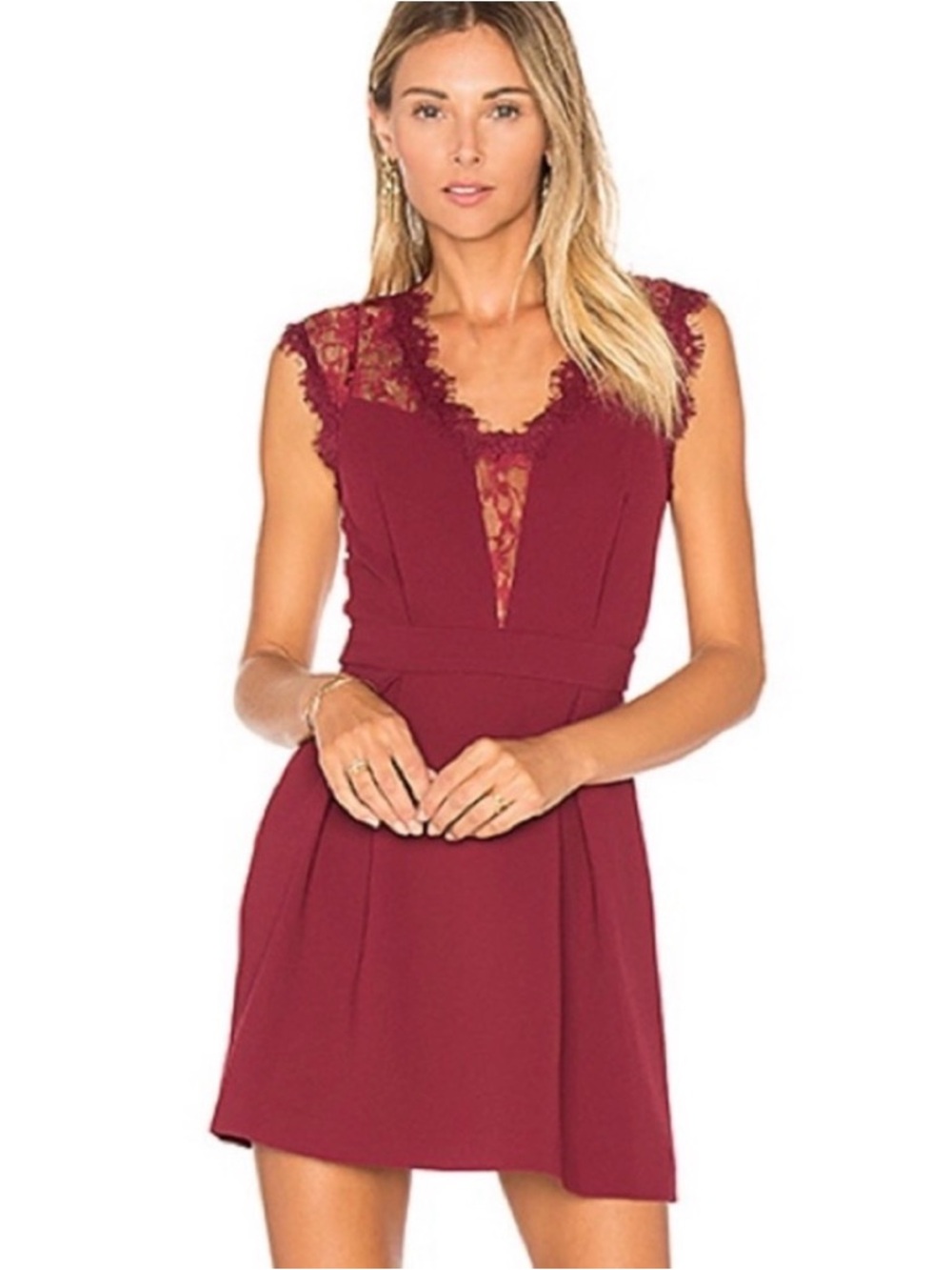 BCBGeneration Lace-Trim V-Neck Mini Dress in Burgundy